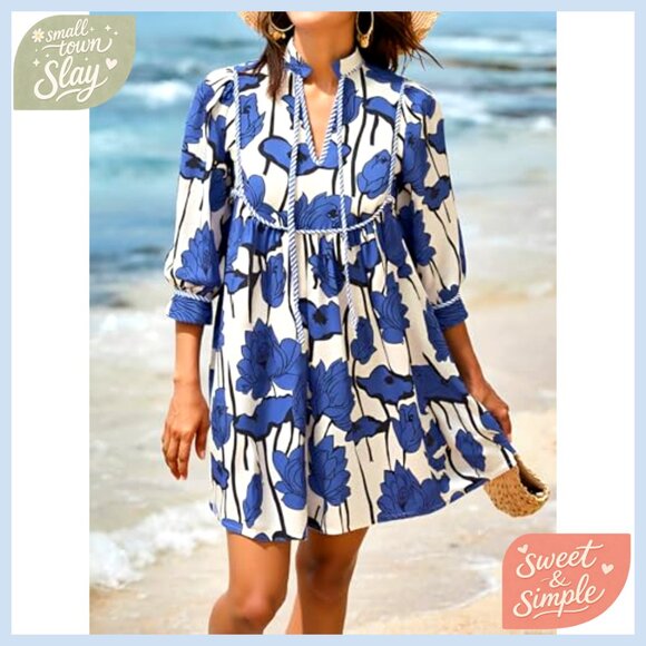 Floral Mini Dress with 3/4 Balloon Sleeves V-Neck Babydoll Summer Boho - Picture 5 of 7